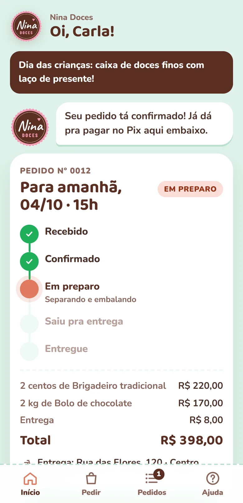 App do cliente acompanhando o pedido