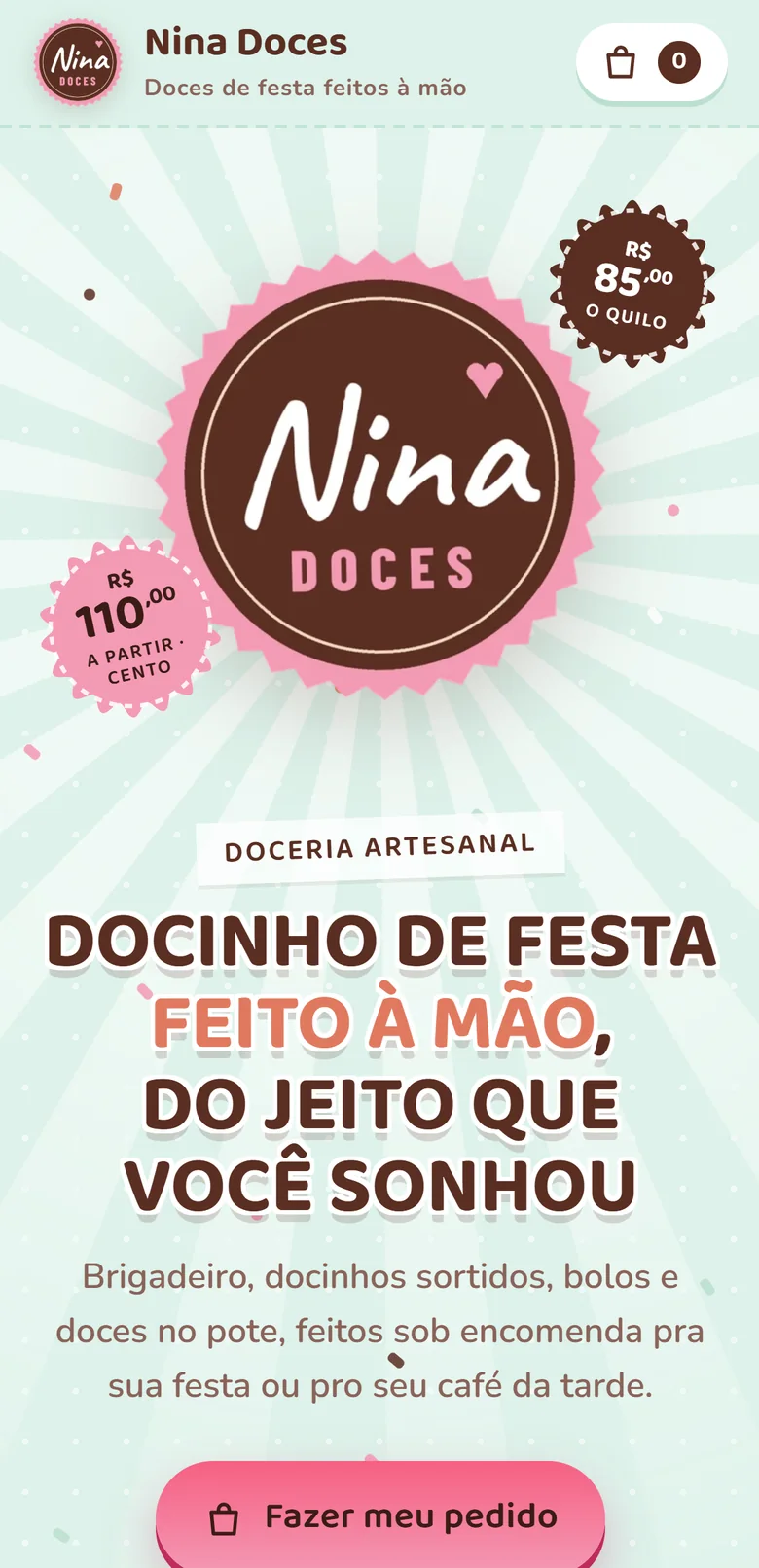 Cardápio de uma doceria de exemplo no celular